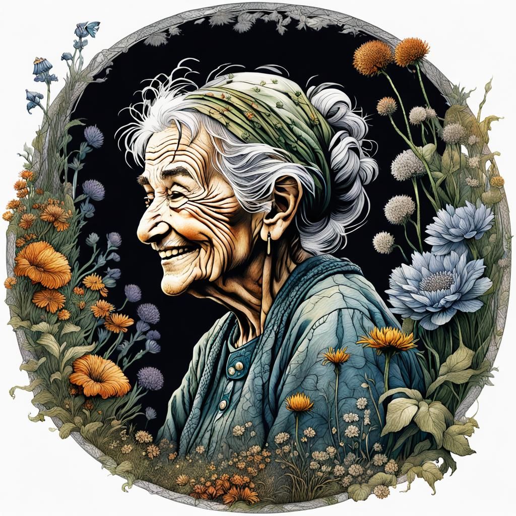 Smiling Old Woman of Plants: Detailed Digital Art