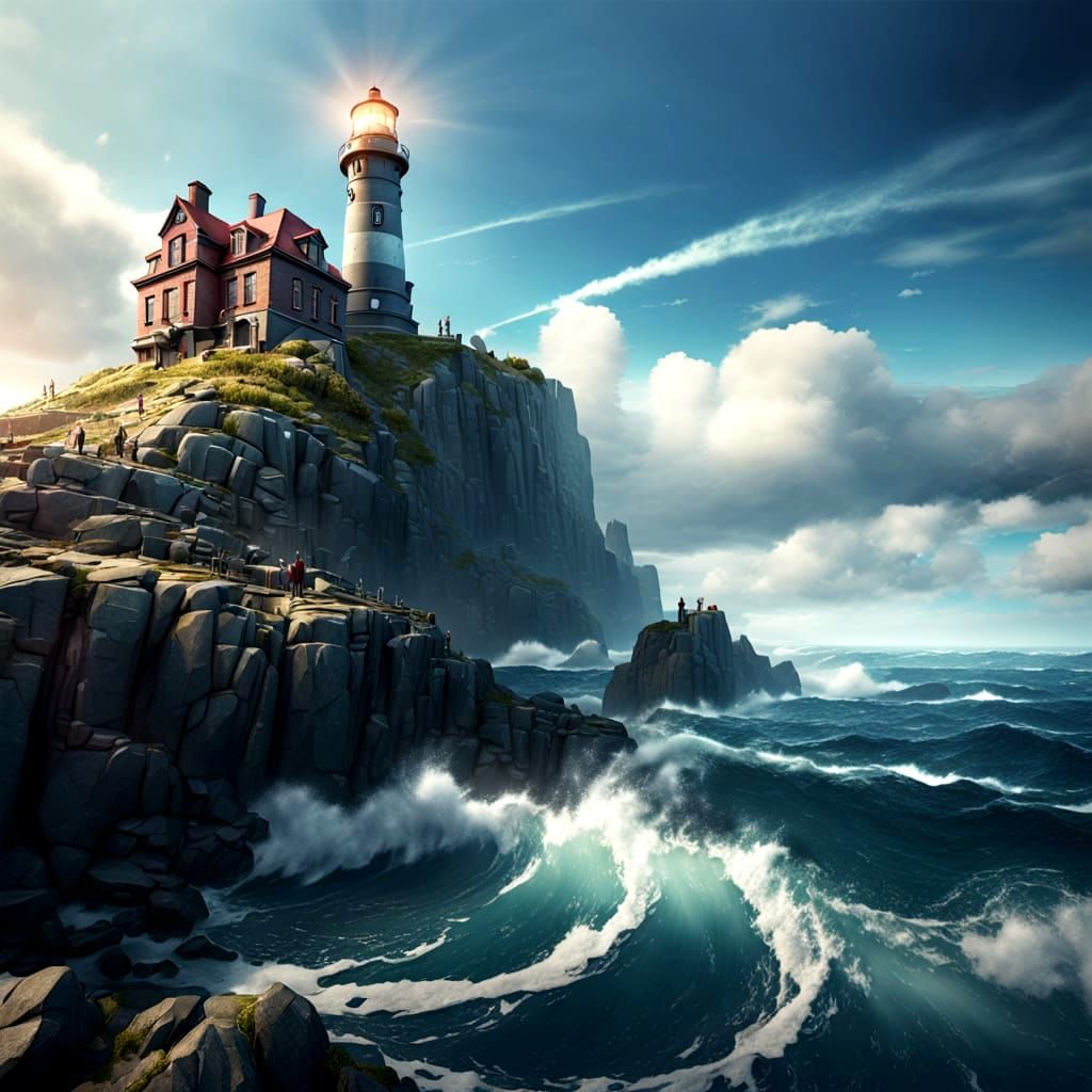 Dramatic Lighthouse on Rocky Cliff in Hyperrealistic Style