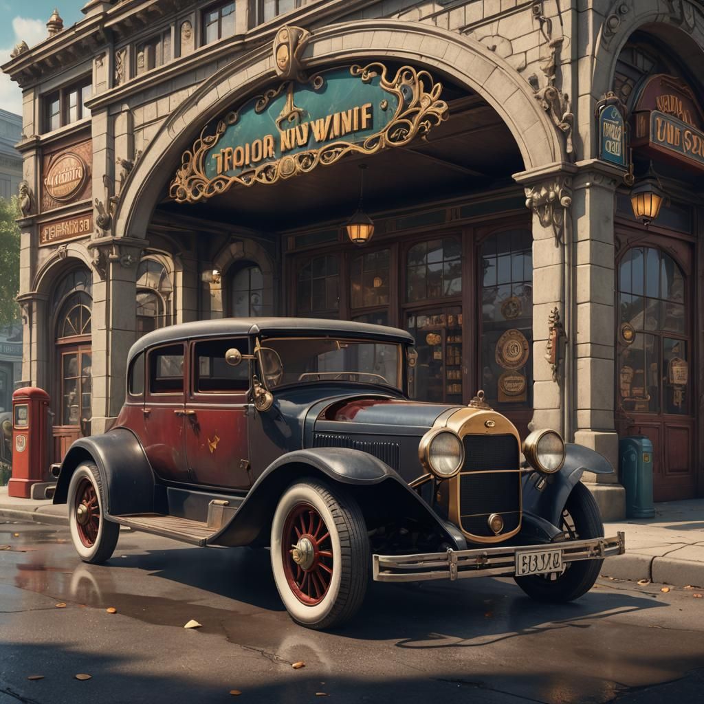 Art Nouveau Gas Station with Antique Car
