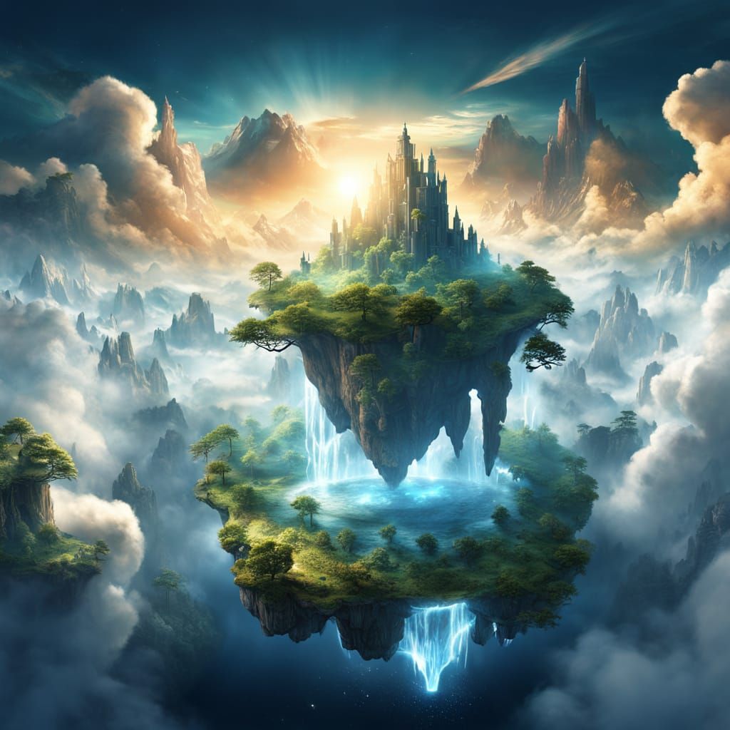 Majestic Floating Island in Golden Sunlight & Auroras