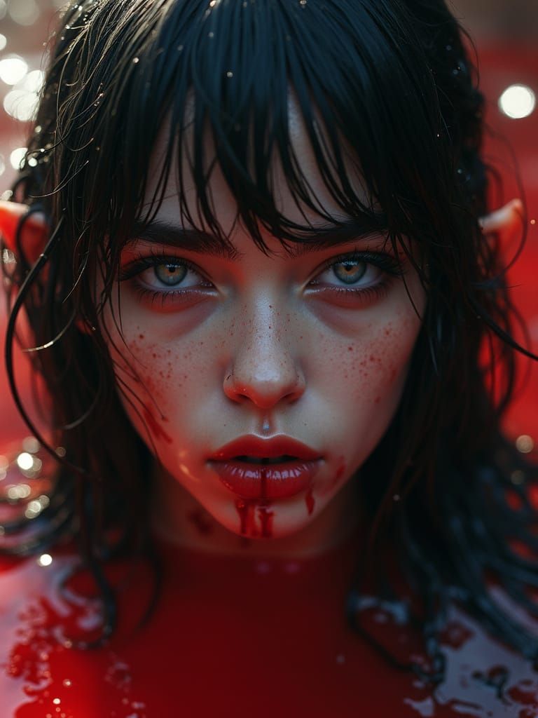 Gothic Elf in Bloody Water: Photorealistic Portrait