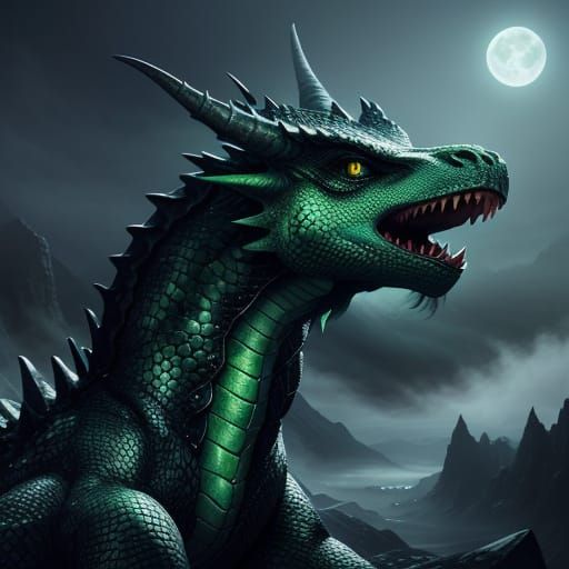 Girl on Black Dragon in Moonlight, Fantasy Art