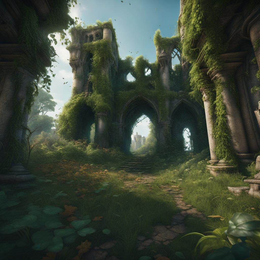 Overgrown Ruined Castle in Detailed Matte Painting