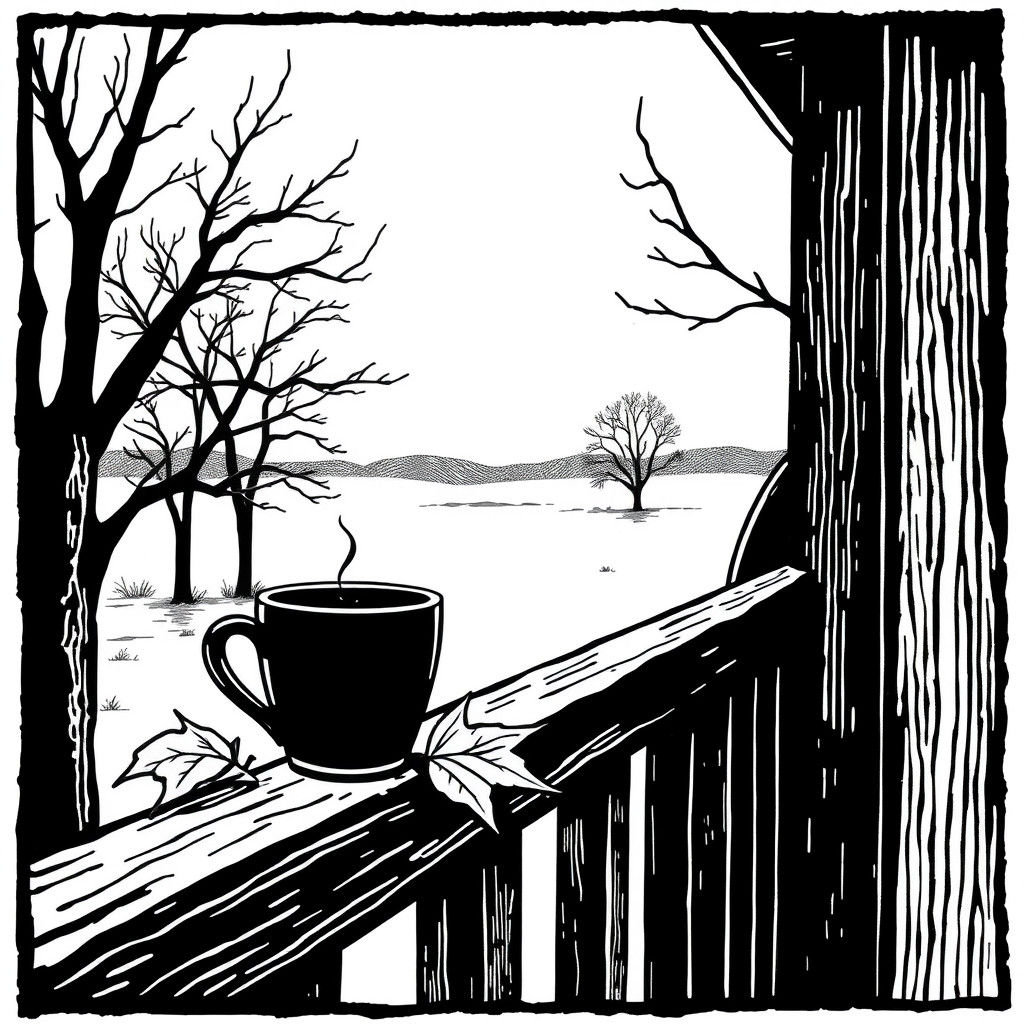 Woodcut Coffee Cup on Fall Morning Porch