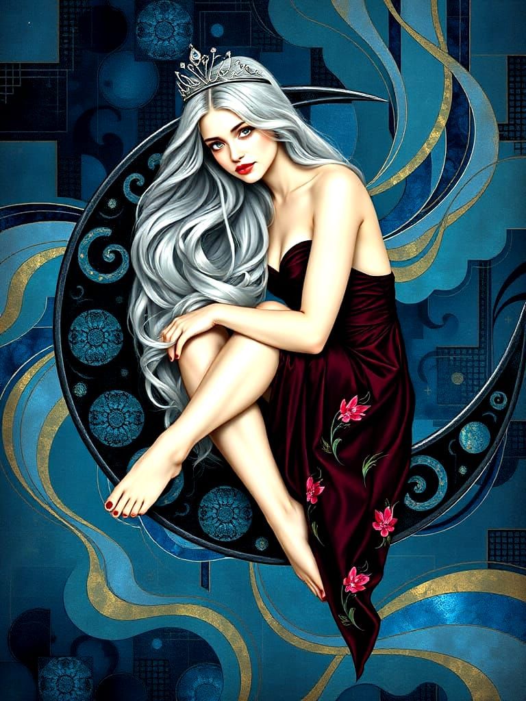 Celestial Woman on Moon in Art Deco Style