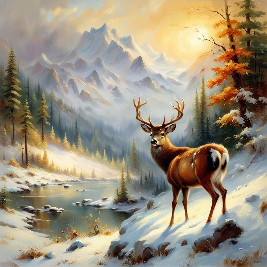 Deer in Snowy Landscape, Oil Painting Style