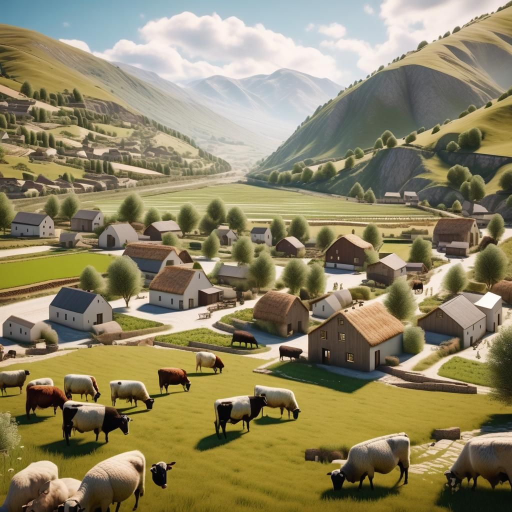 Sheep Grazing in Modern Village: Farm Life in Valley