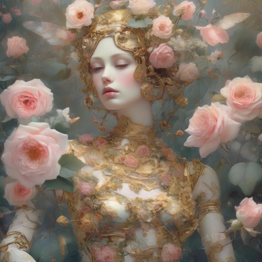 Porcelain Robot in Lush Garden as Oil Painting