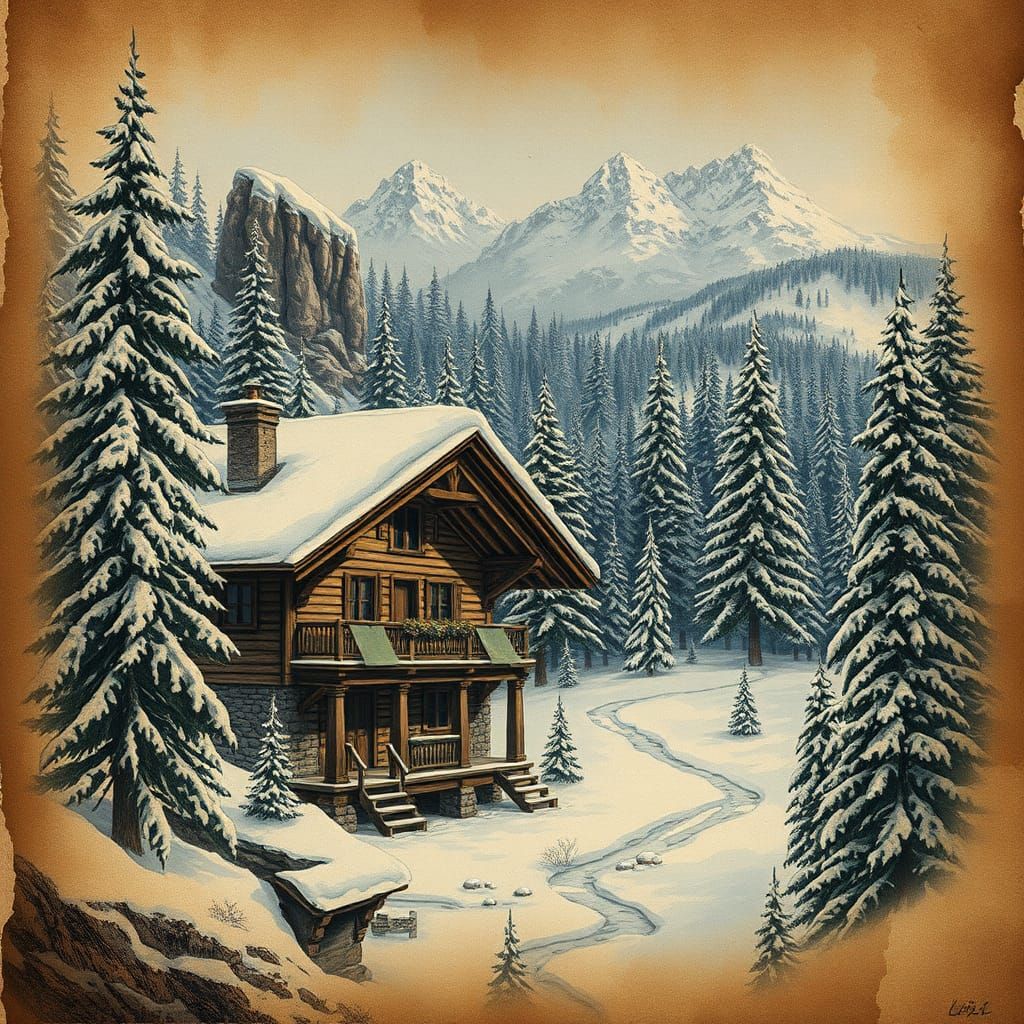 Winter Chalet on Antique Page, Oil and Ink Fantasy