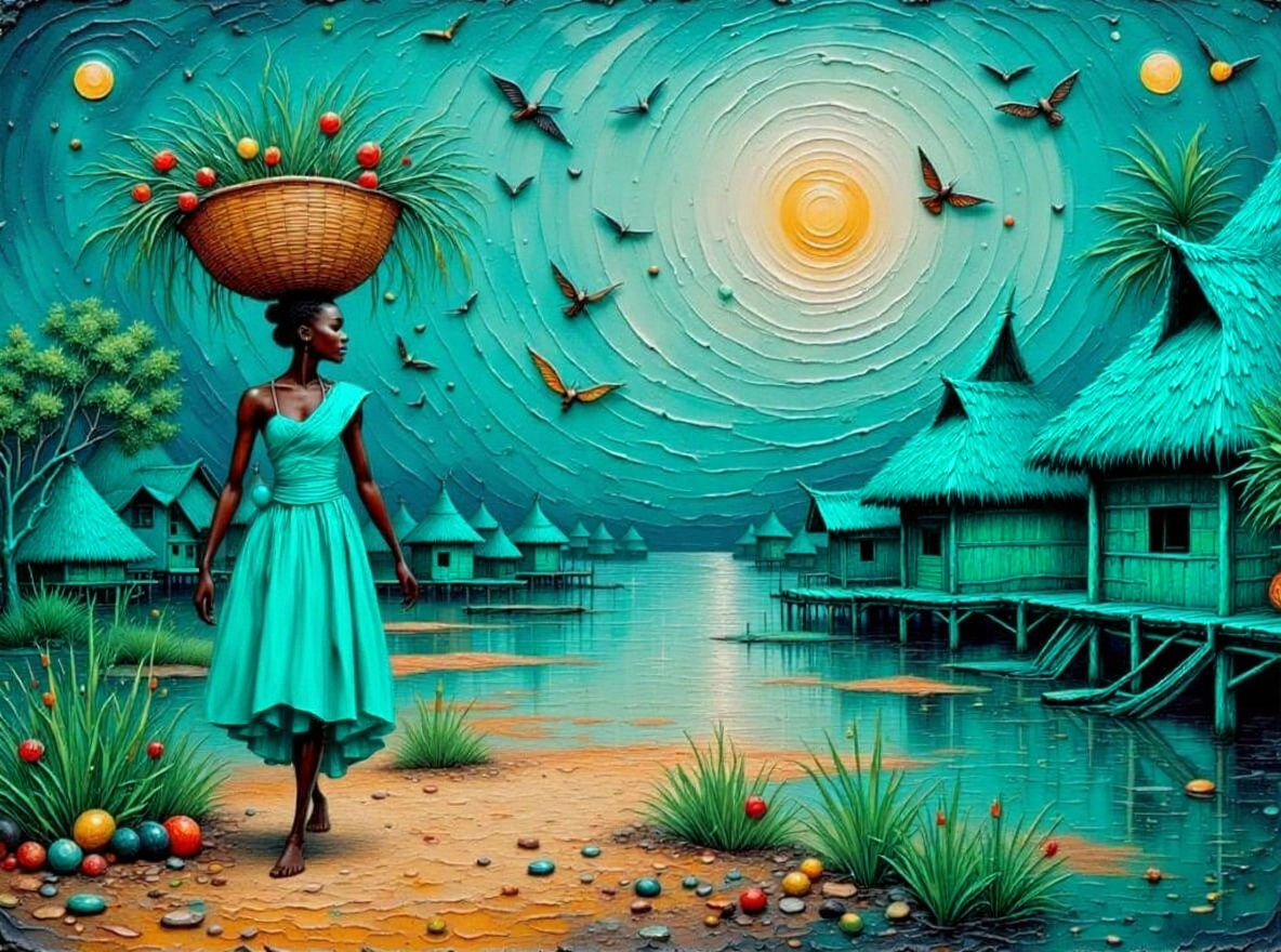 Monochromatic Turquoise Village Scene as Impasto Painting