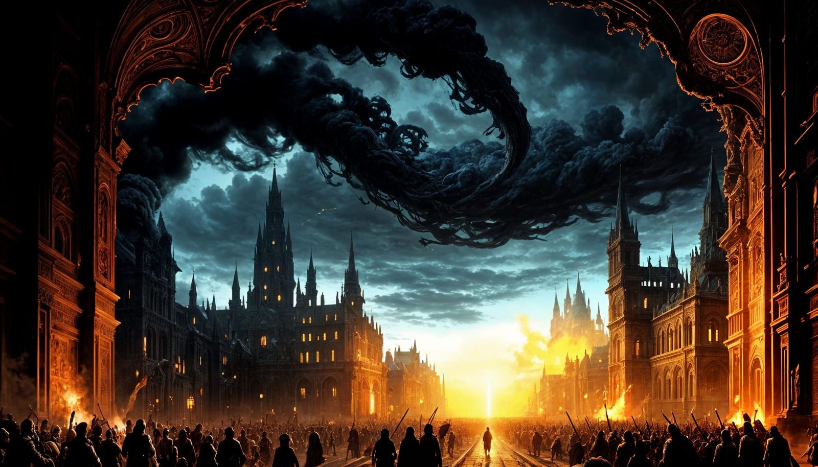 Epic Burning City in High Fantasy Style