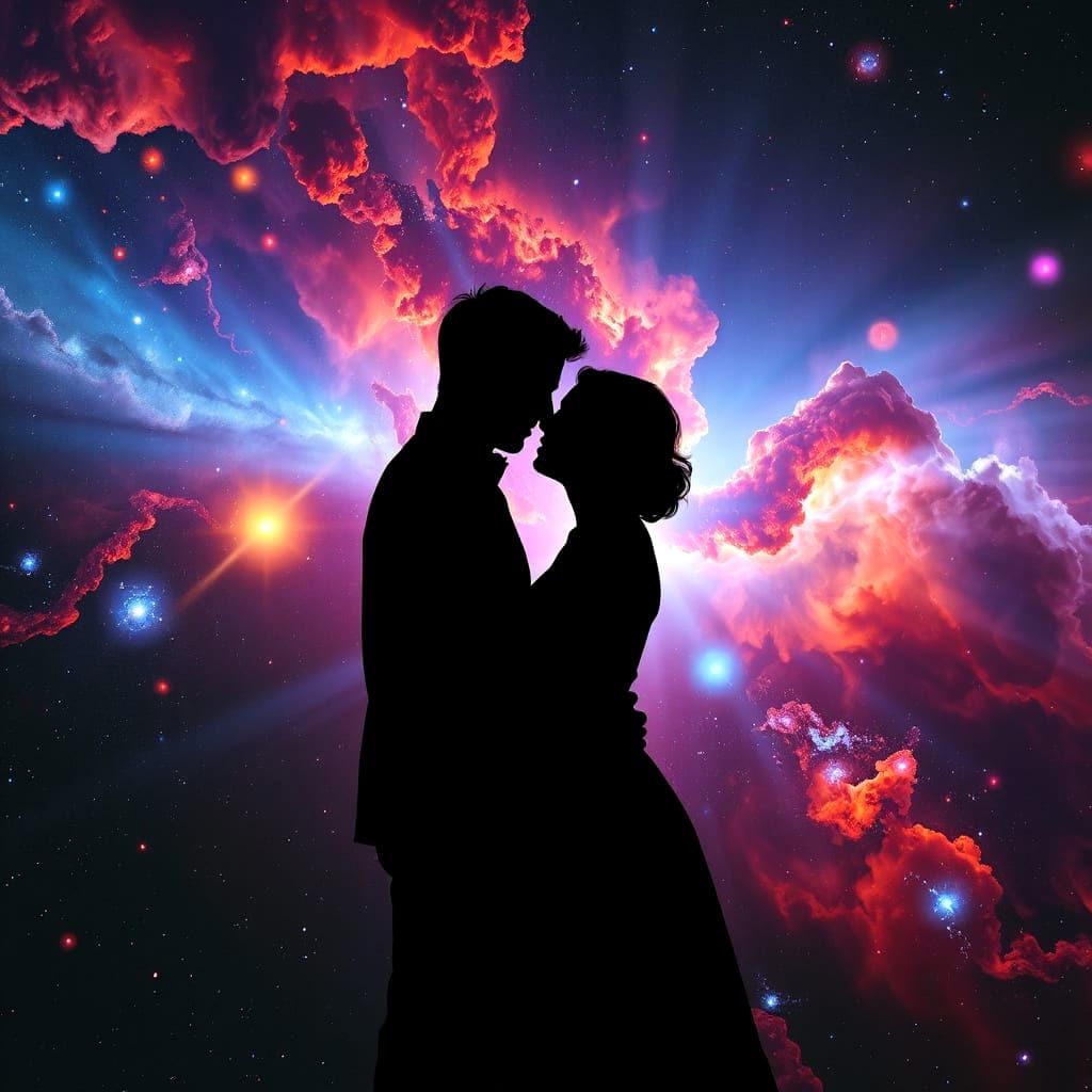 Couple Embracing in Swirling Nebula