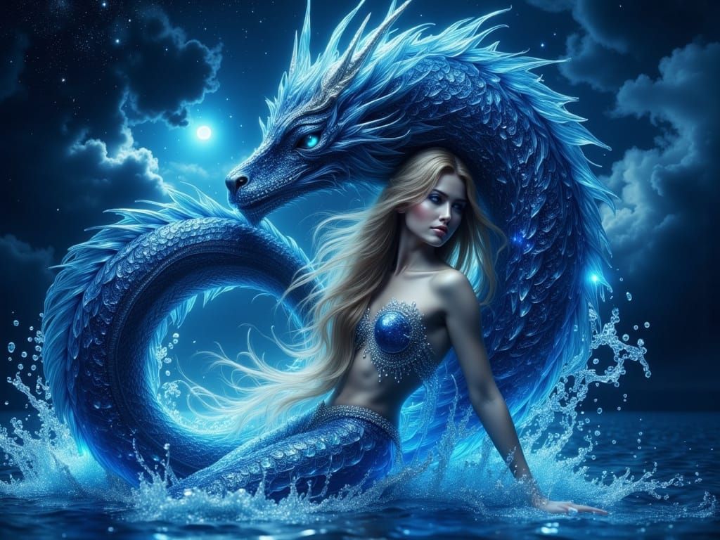 Mermaid and Dragon Embrace Under Bioluminescent Stars