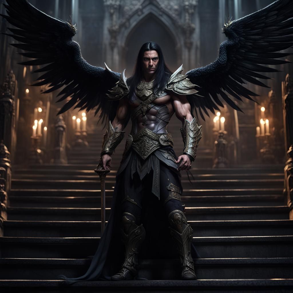 Hyperrealistic Gothic Warrior with Black Wings