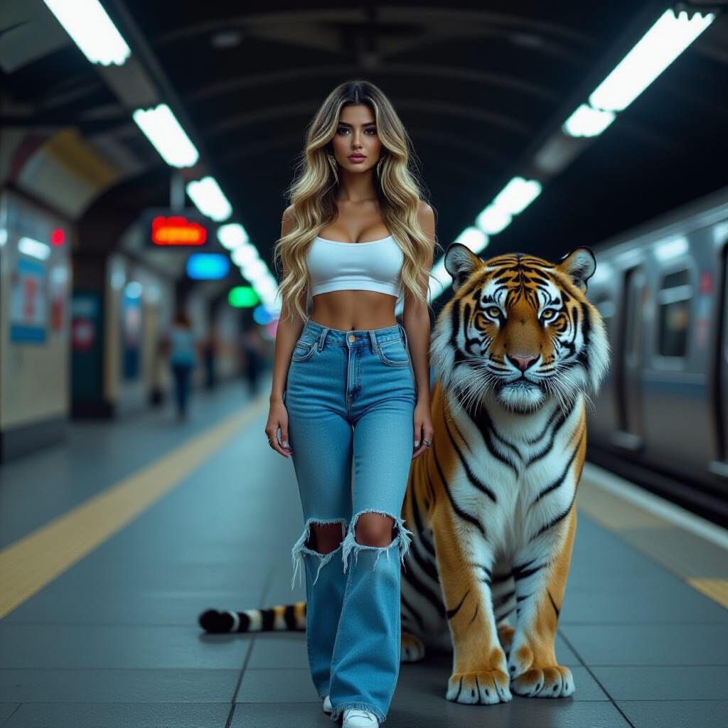Beautiful Model with Tiger in Subway VHS Style
