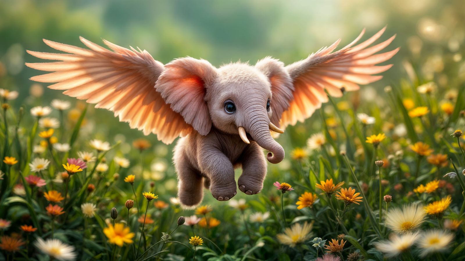 Pink Elephant Soaring Over Wildflower Field