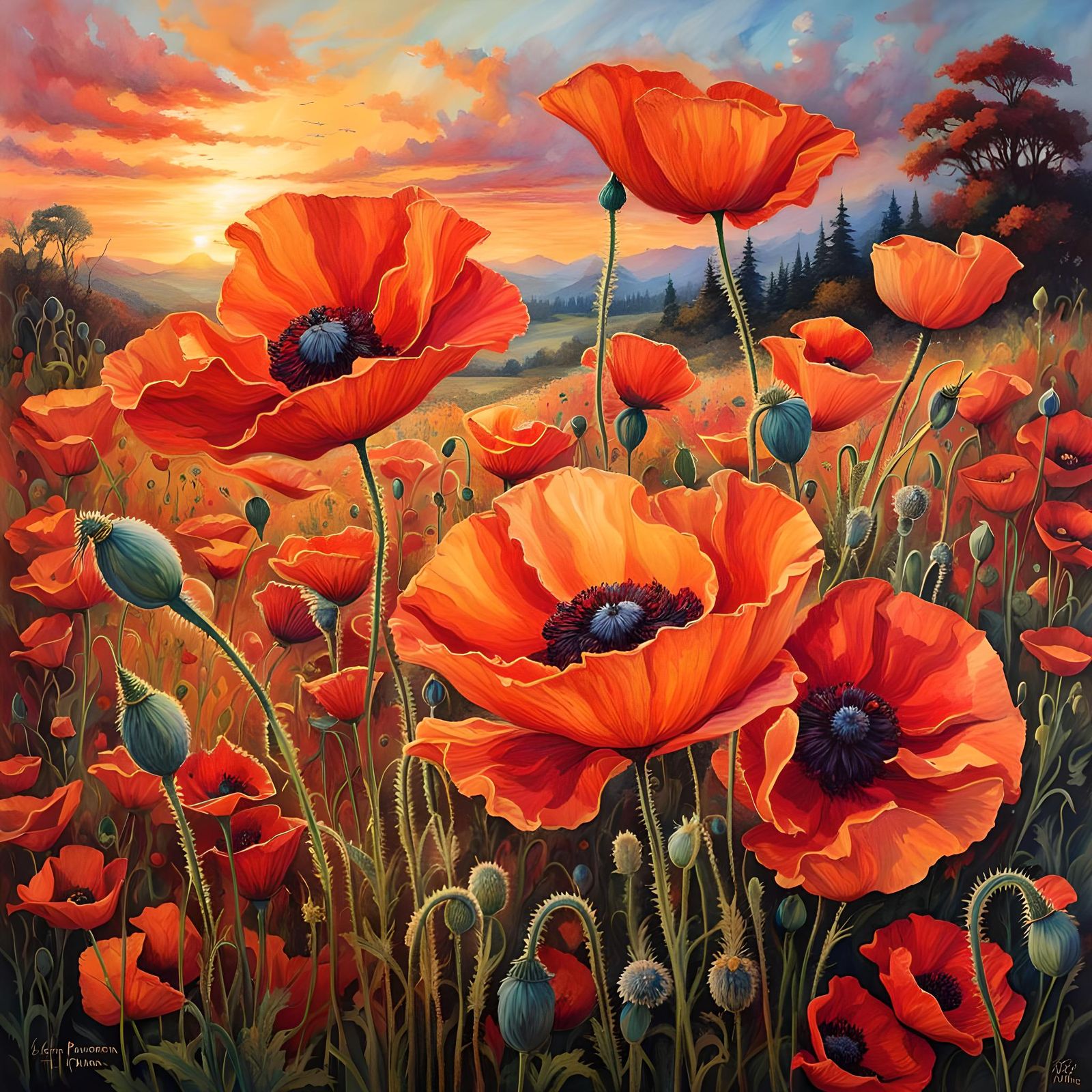 Vibrant Poppies Field in Watercolor and Ink