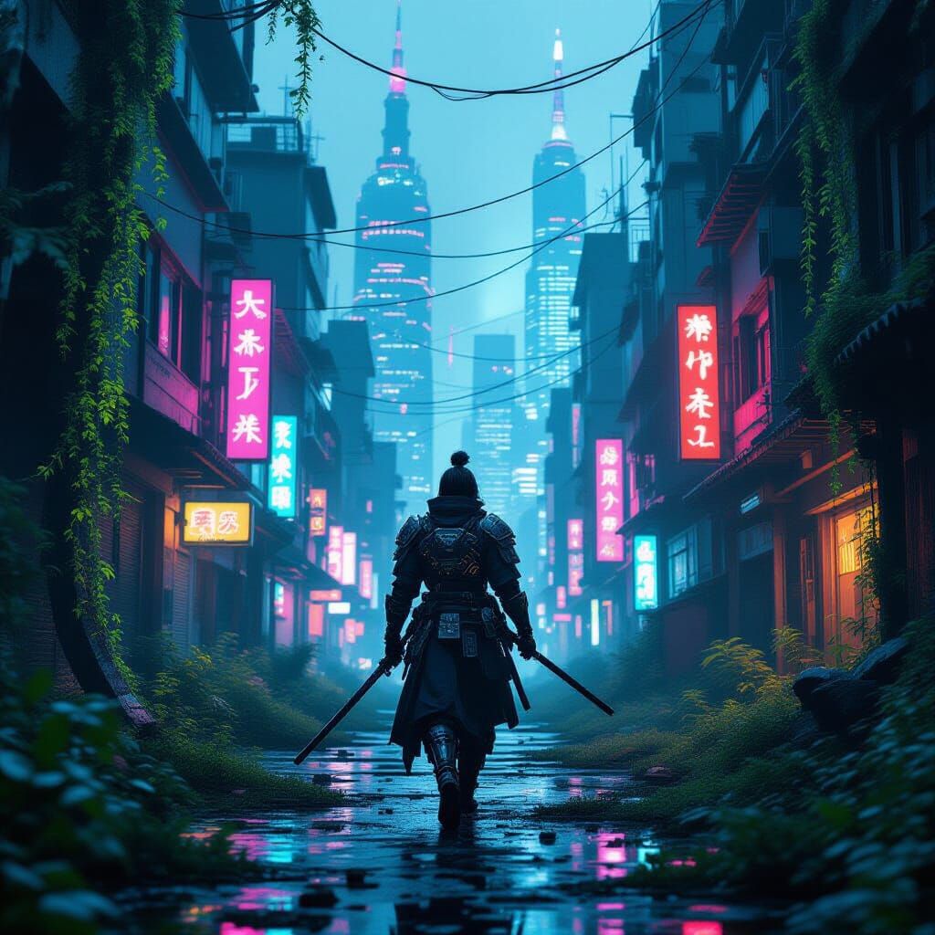 Neon Tokyo Samurai in Cyberpunk Ruins