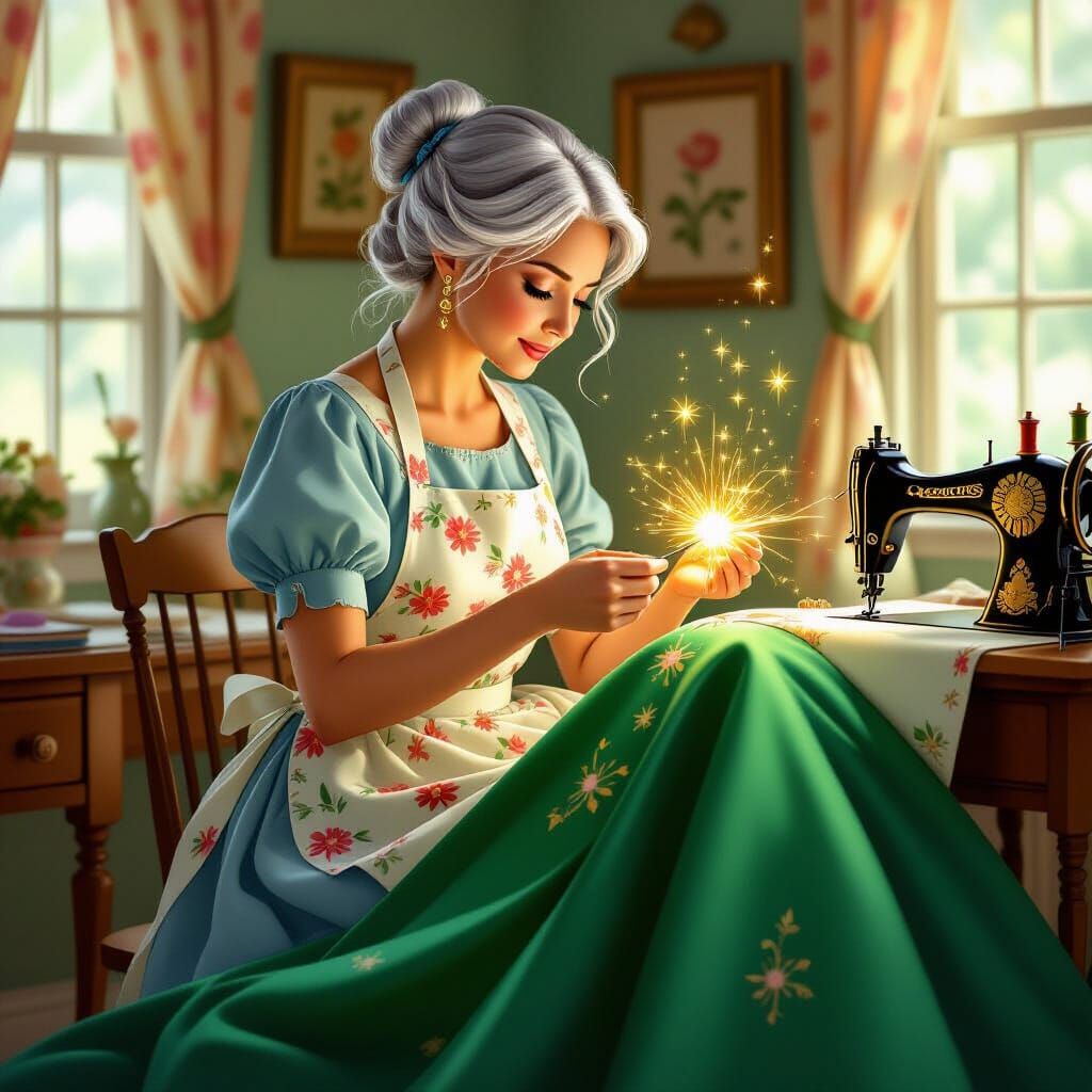 Seamstress Mends Dress with Magical Golden Spell