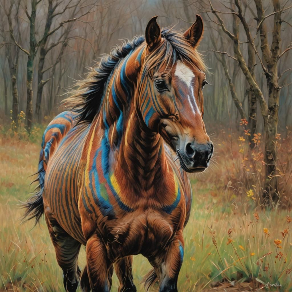 Majestic Striped Horse in Oil Pastel Style