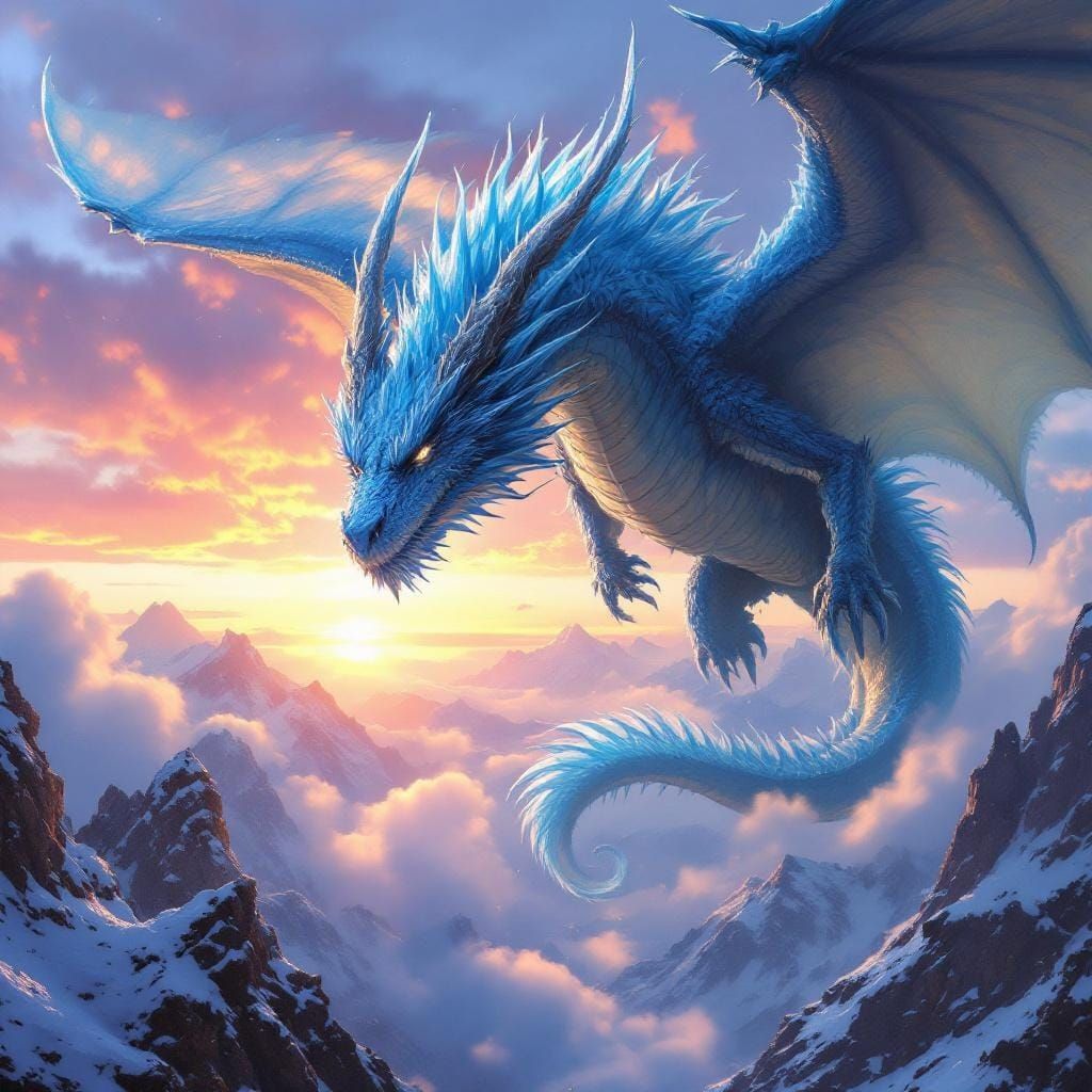 Icy Dragon Soaring Above Snowy Peaks at Sunrise
