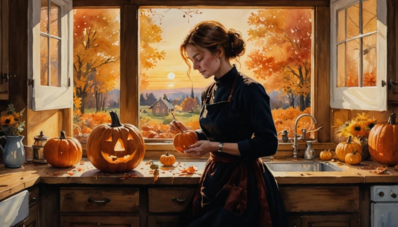 Autumnal Watercolor: Woman Carving Pumpkin at Golden Hour