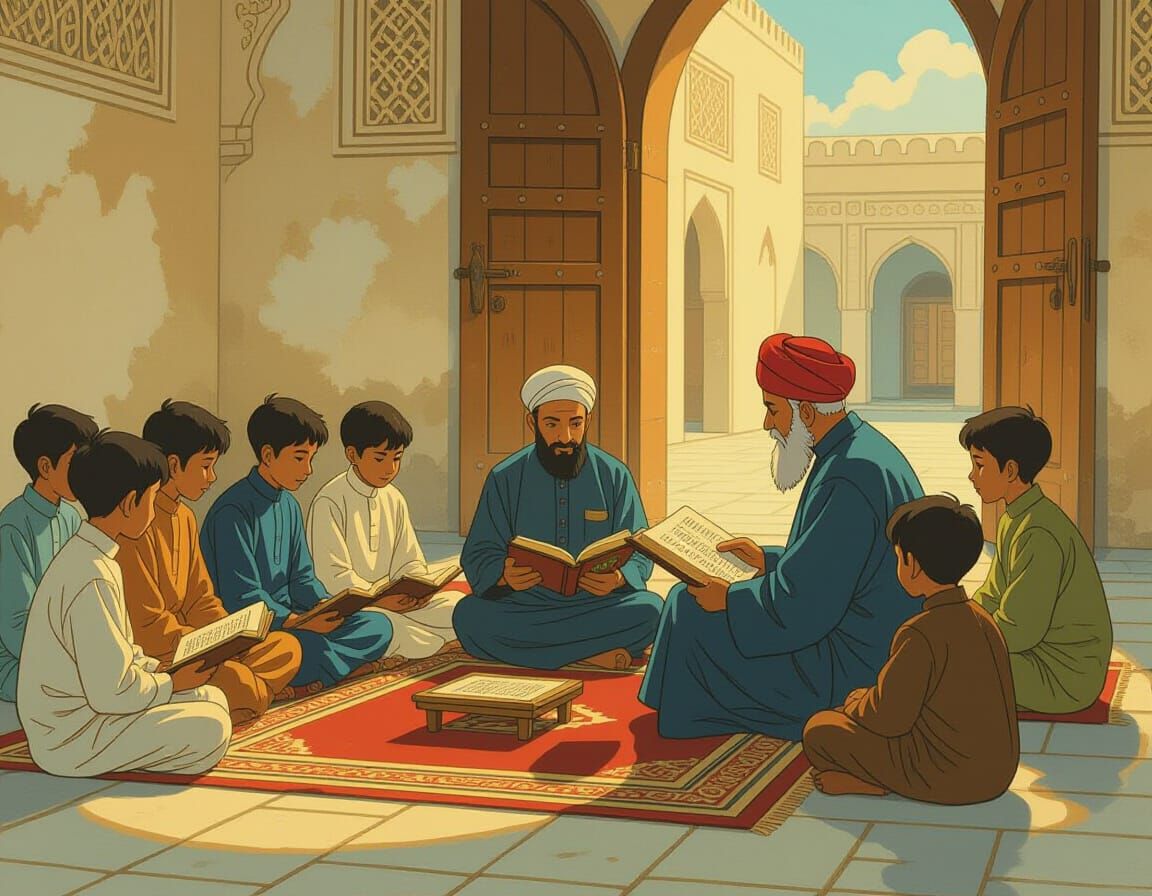 Islamic Madrasa Scene with Students in Ghibli Style