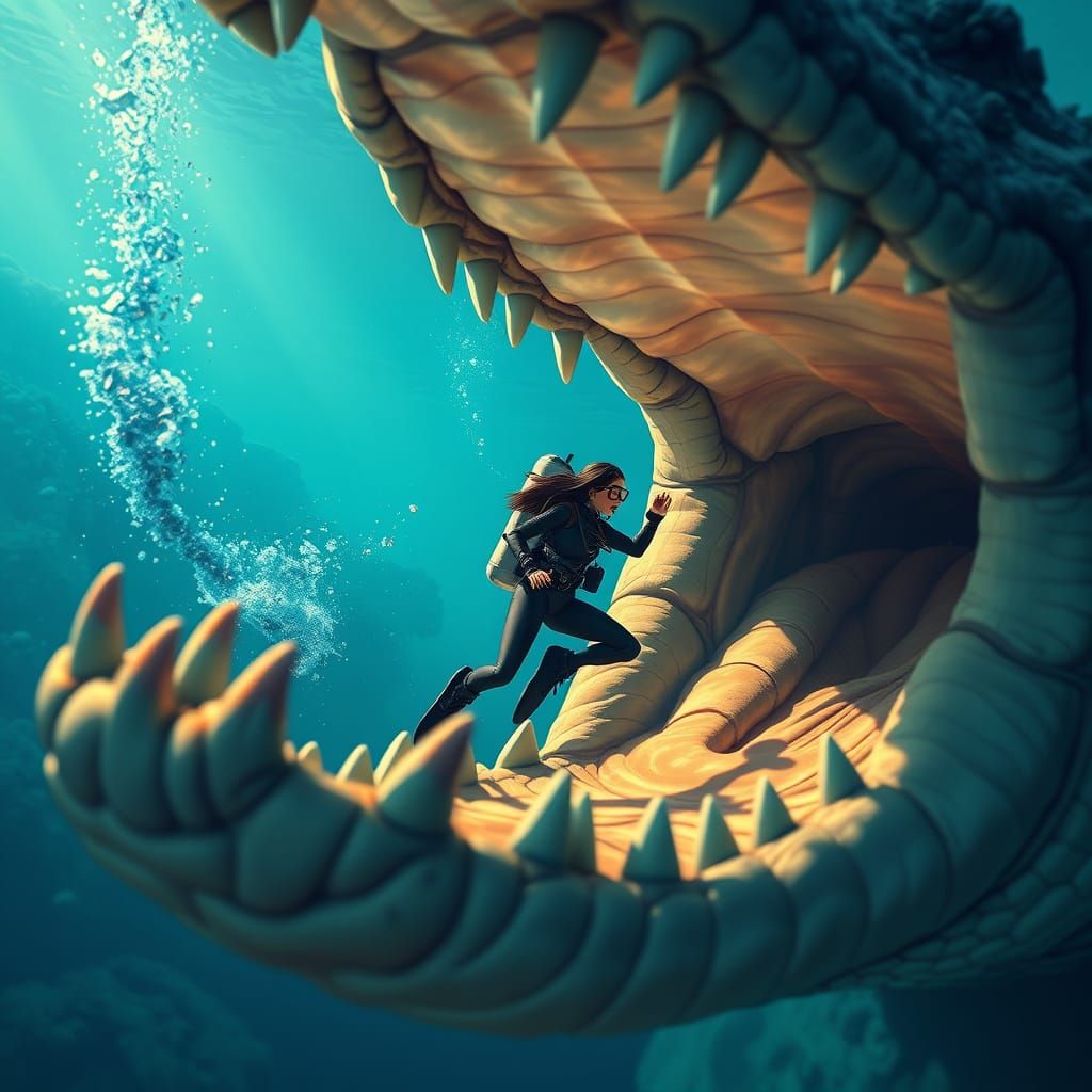 Surreal Scuba Diver in Crocodile Mouth