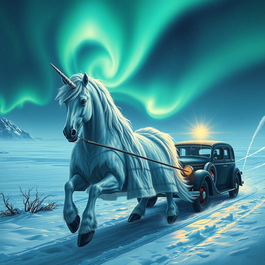 Unicorn Pulling Vintage Car Through Arctic Landscape