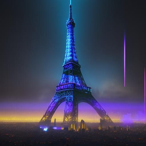 Futuristic Eiffel Tower in Cyberpunk Cityscape