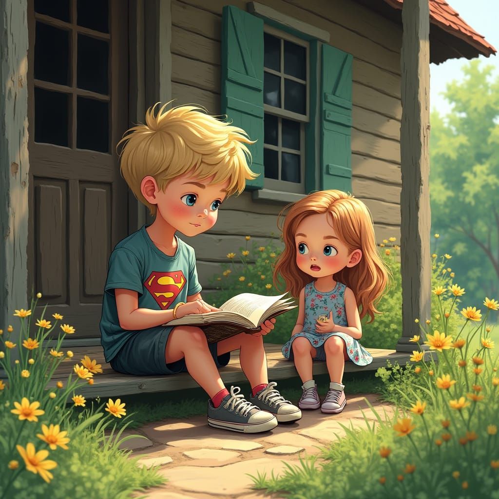 Boy Reading Comic Book on Porch, Hyperrealistic Style