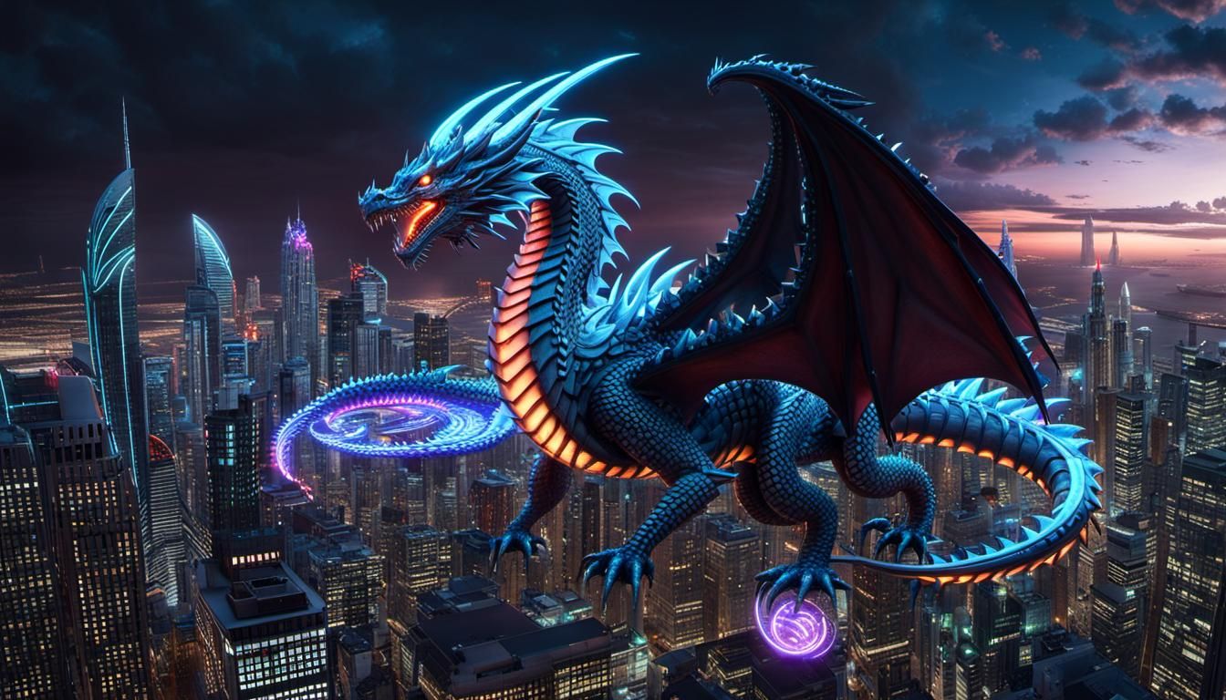 Neon Biomechanical Dragon Soaring Over Future City