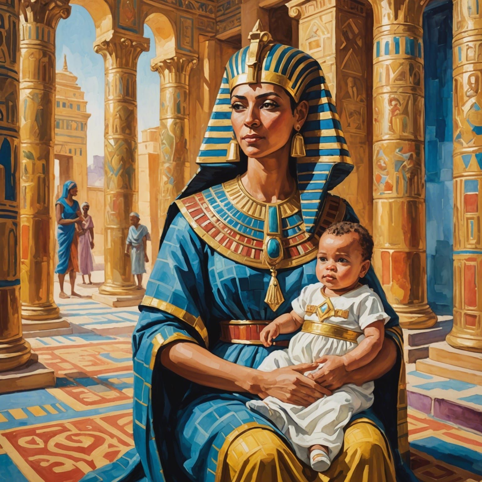 Pharaoh and Baby in Palace: Gouache Watercolor Style