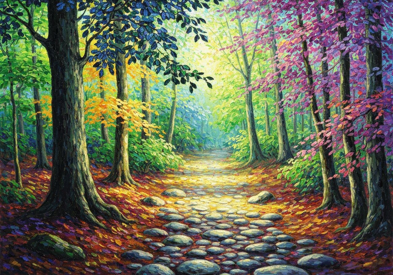 Vibrant Autumn Forest Path in Post-Impressionist Style