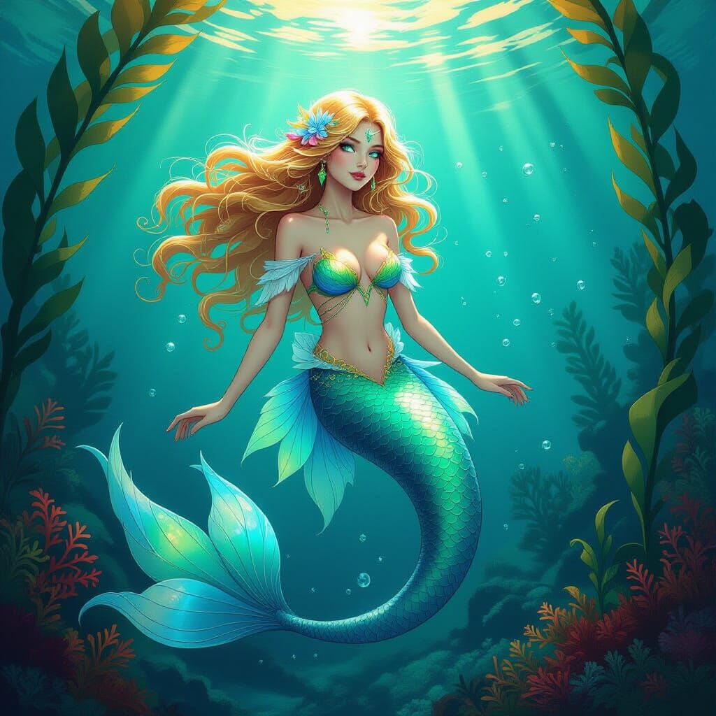 Underwater Goddess with Golden Hair and Turquoise Tail