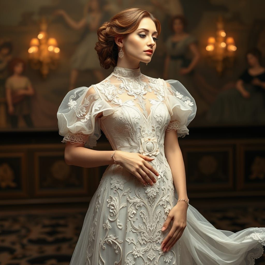 Woman in Exquisite Gown Inspired by Art Nouveau