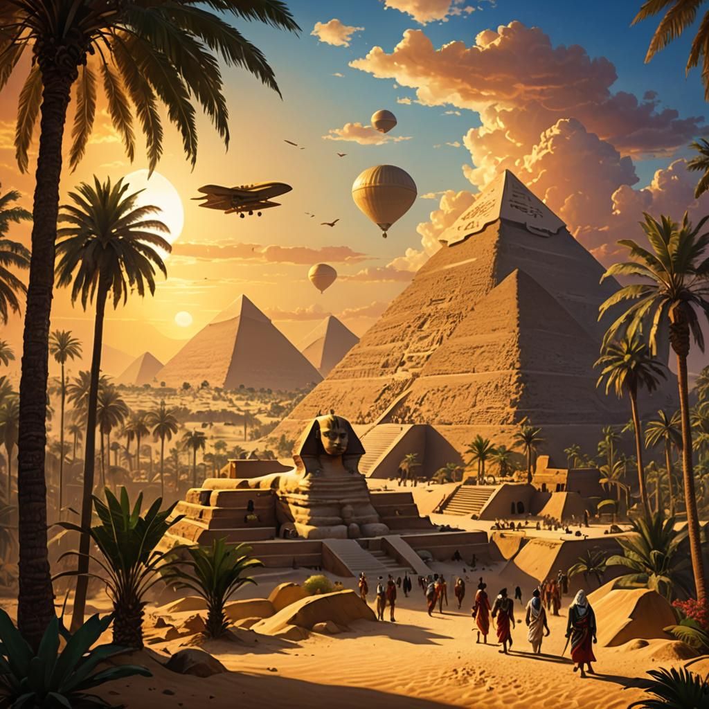 Zeppelin Over Ancient Egypt in Hyperrealistic Style