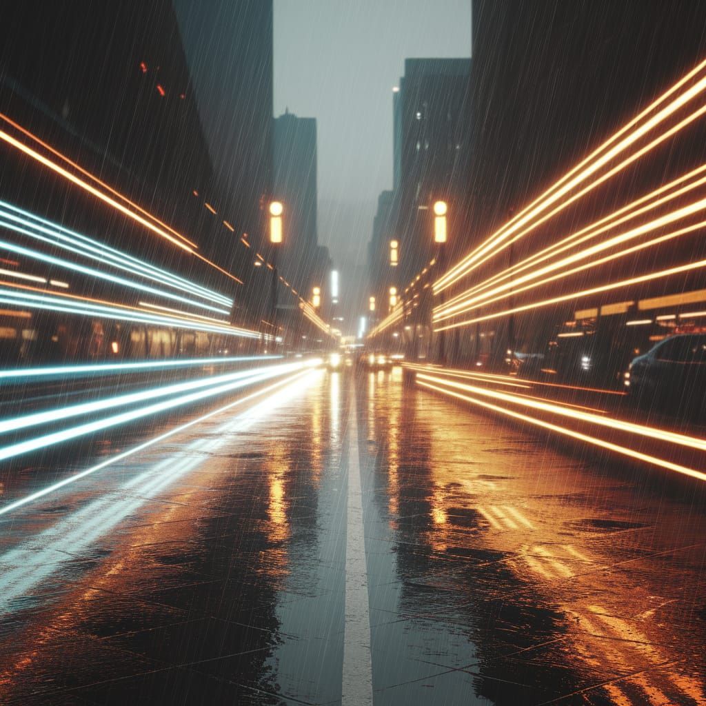 Rainy City Street at Night in Film Noir Style