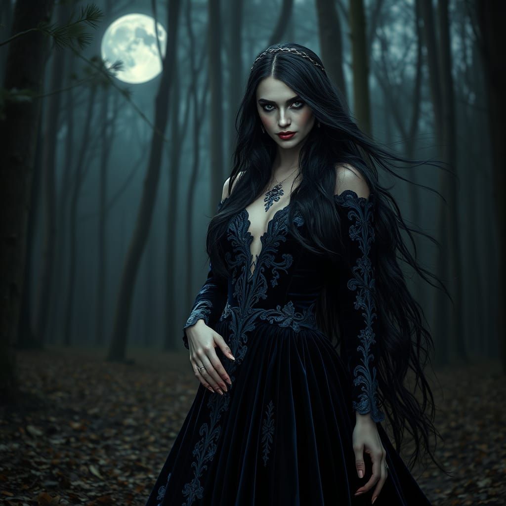Vampire Queen in Moonlit Forest: Hyperrealistic Art