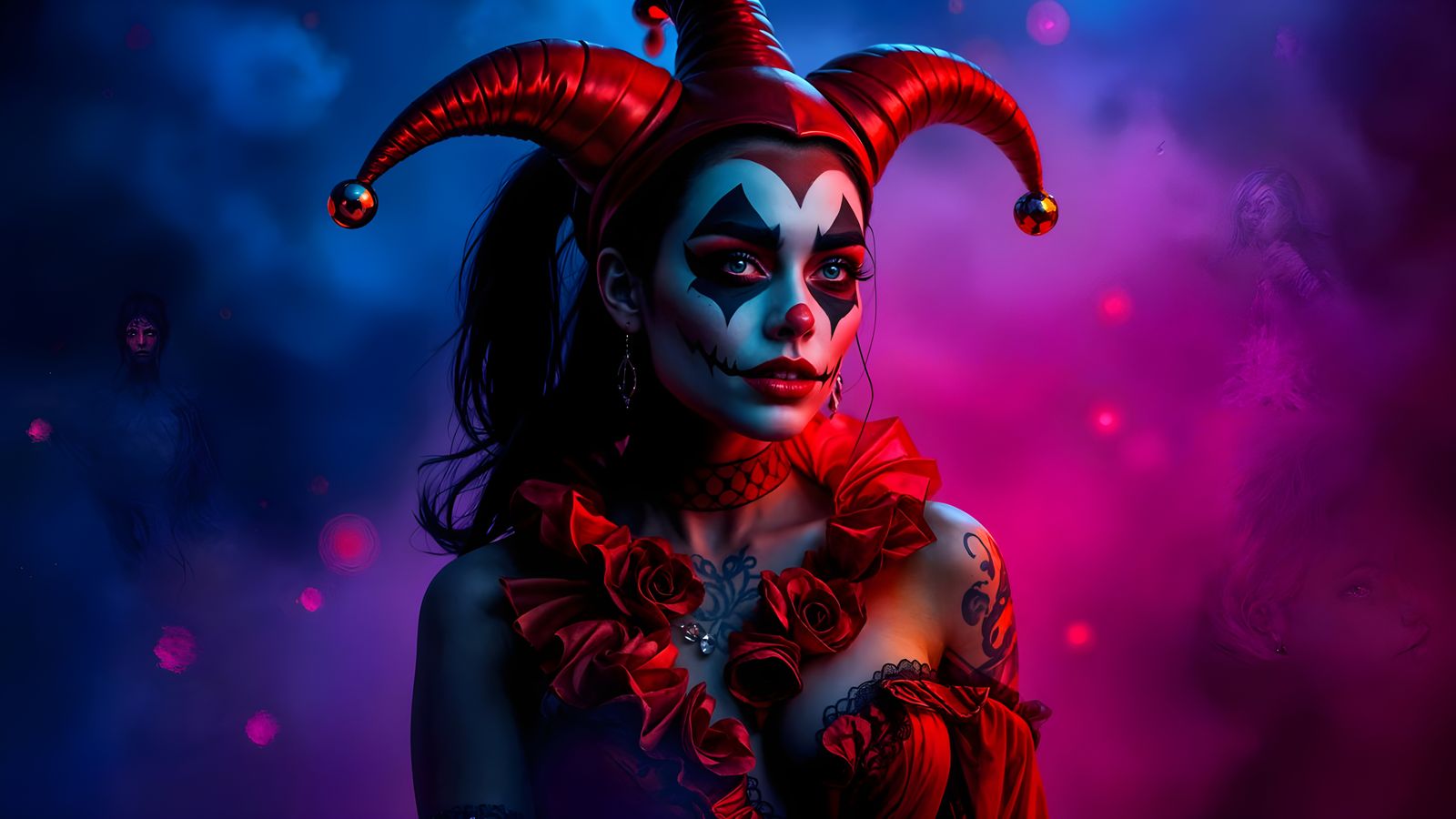 Ethereal Harlequin Woman in Crimson and Sky Blue, Amidst Glo...