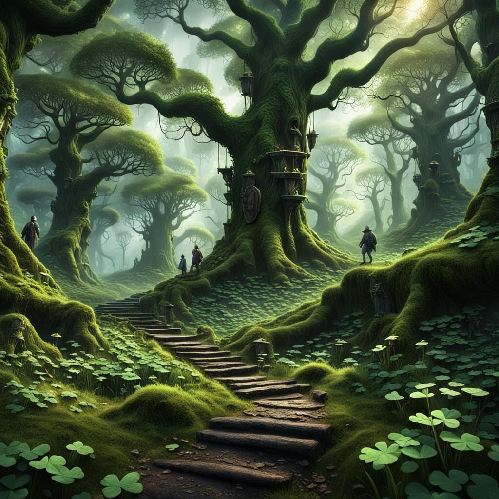 Leprechauns Gather in Shamrock Forest: Fantasy Art