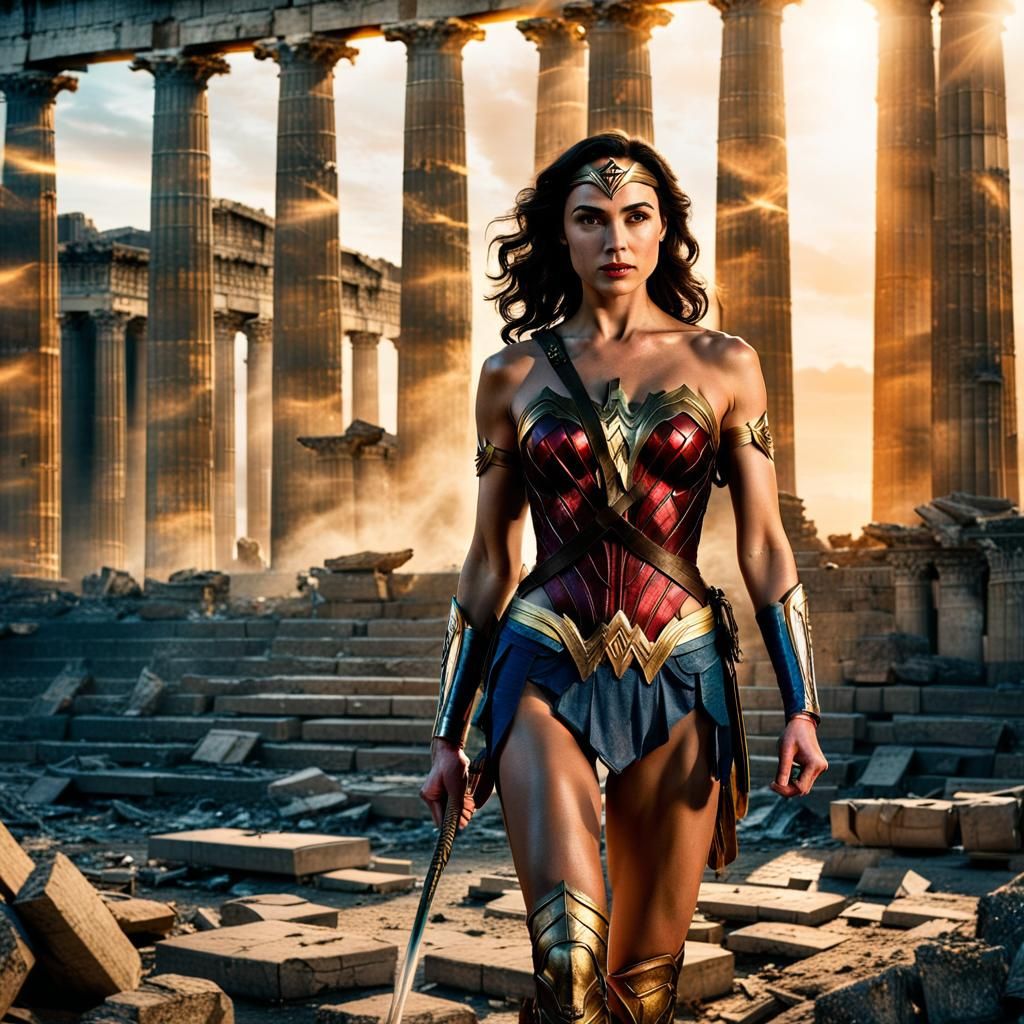 Wonder Woman in Bikini in Ruined Cityscape