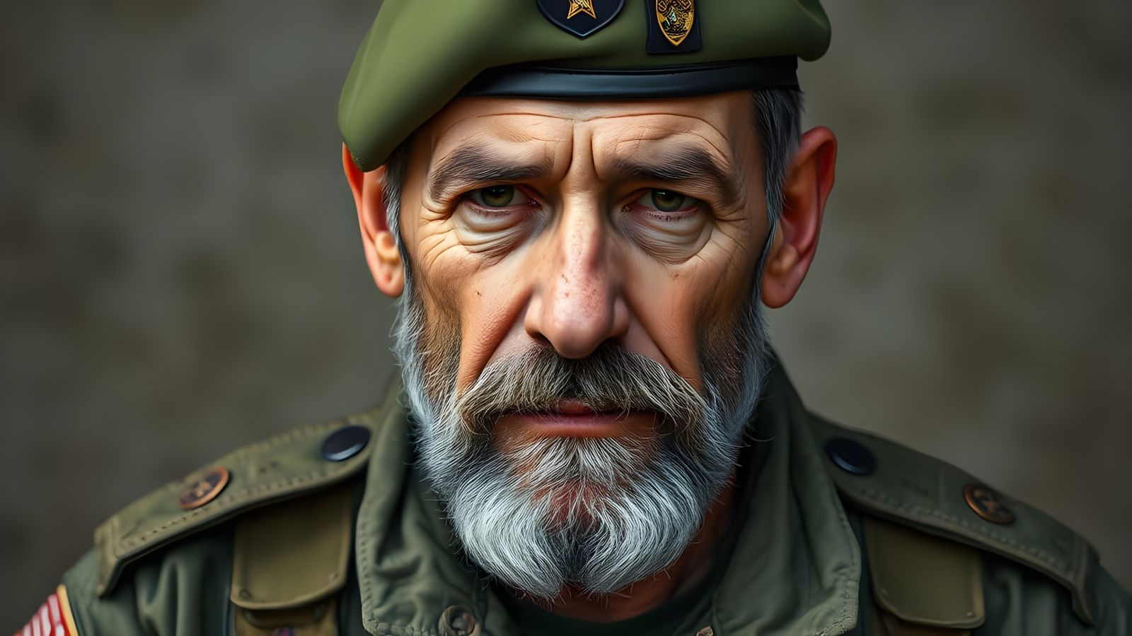 Veteran Soldier in Green Beret and Combat Fatigues