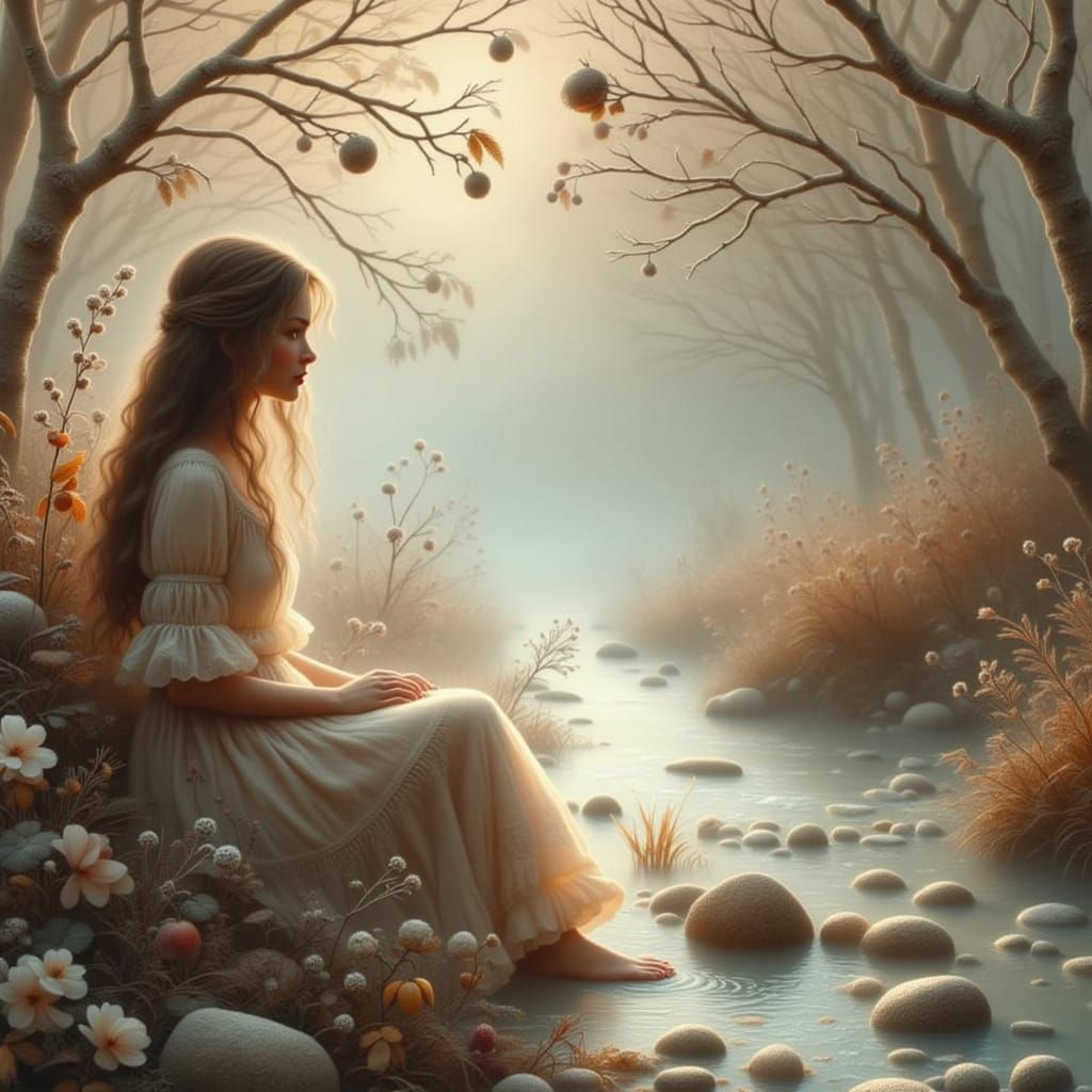 Ethereal Young Woman by Stream at Dawn