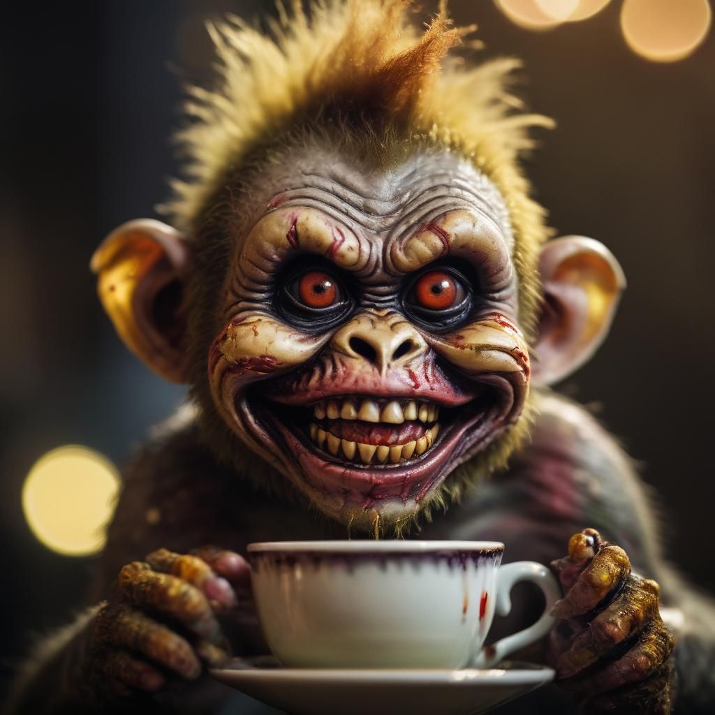 Maniacal Zombie Monkey Clown in Teacup: Macro Photo