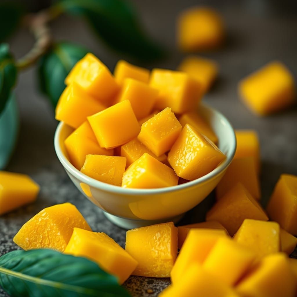 Vibrant Mango Cubes in Delicate Ceramic Bowl