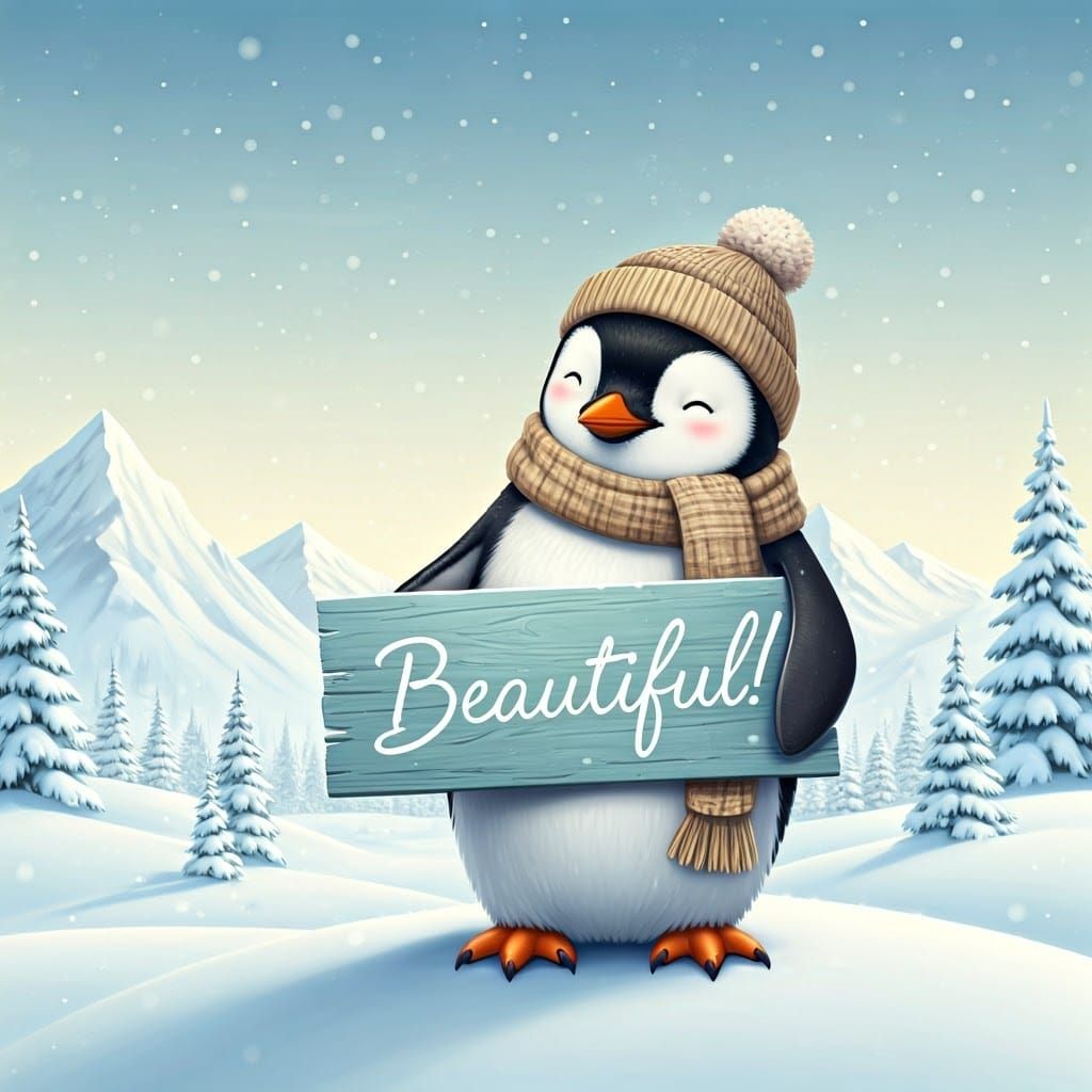 Warm Winter Wonderland Scene with Penguin and Distressed Sig...