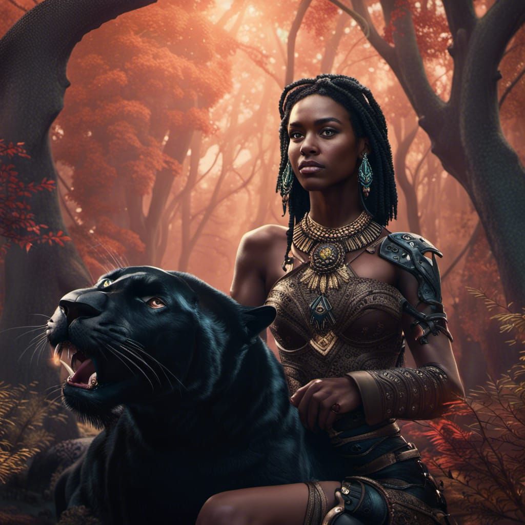 Woman and Panther in Detailed Fantasy Landscape