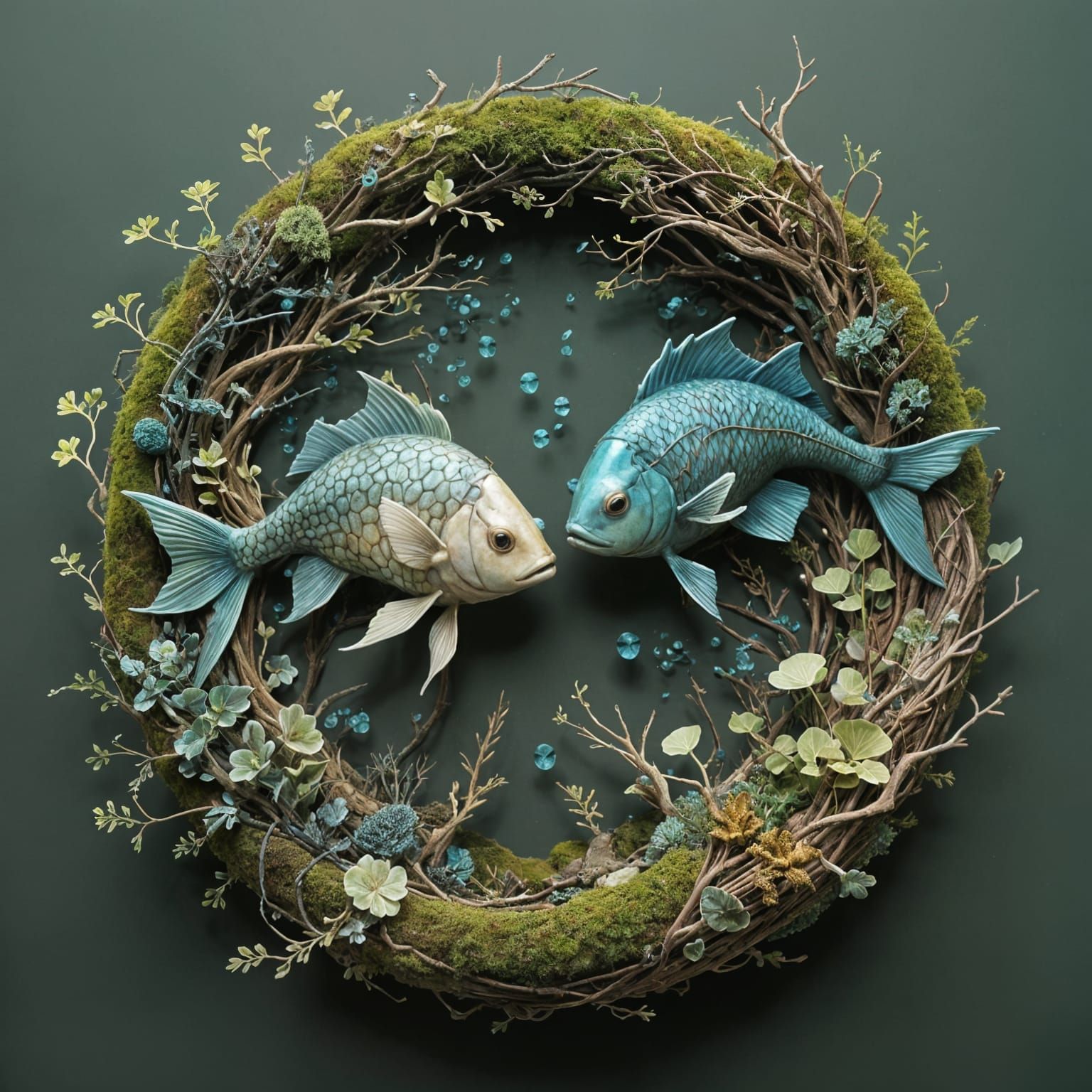 Intricate Yin Yang Fish in Vines and Seaweed