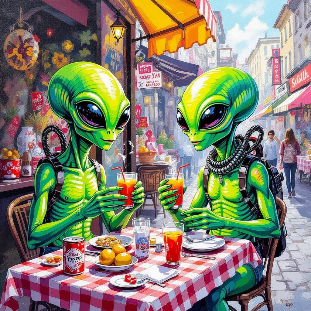 Aliens Shopping at Flea Market: Gouache Painting